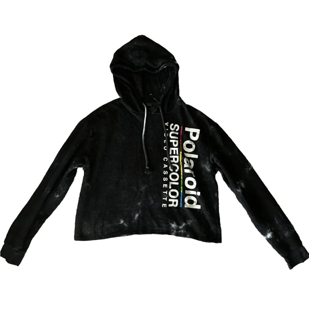 Polaroid Hoodie Women's Med Gray Tie Dye Drawstring Graphic Long Sleeve Cropped